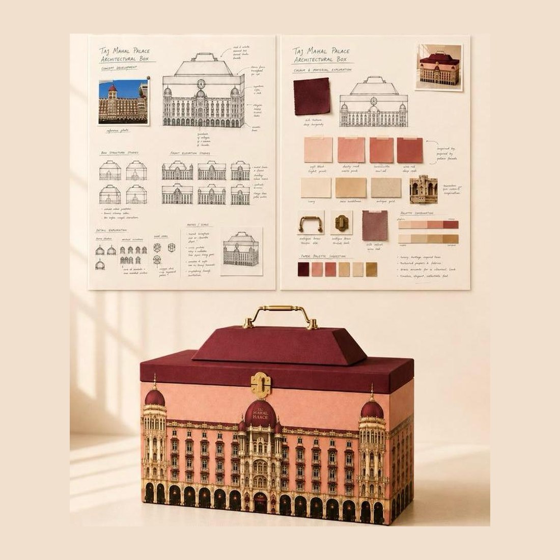 The Taj Mahal Palace as a maroon architectural box, beneath its two concept boards of sketches and swatches