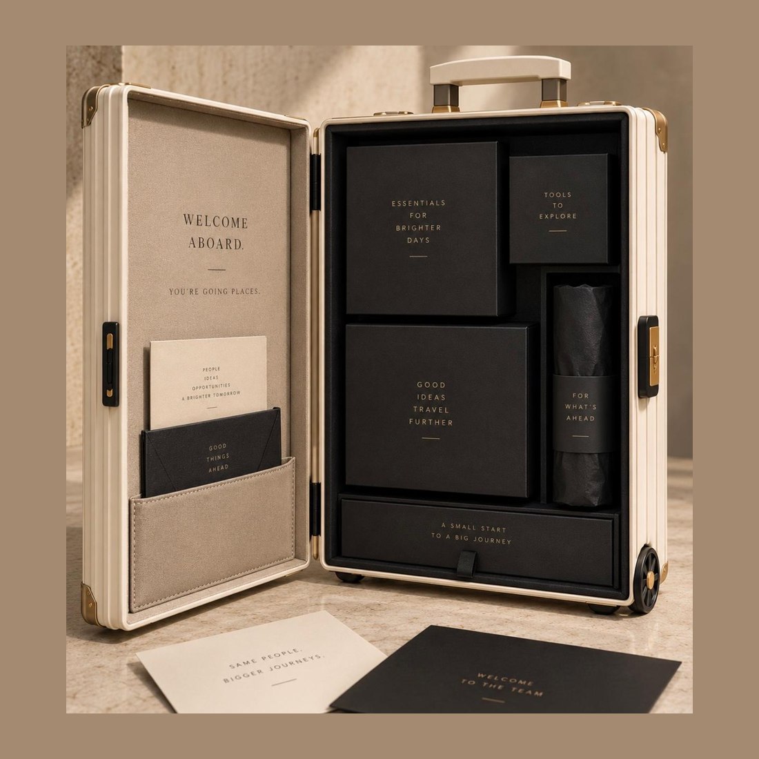 A cream cabin trunk open on a fitted interior of black boxes, each lettered for the journey ahead