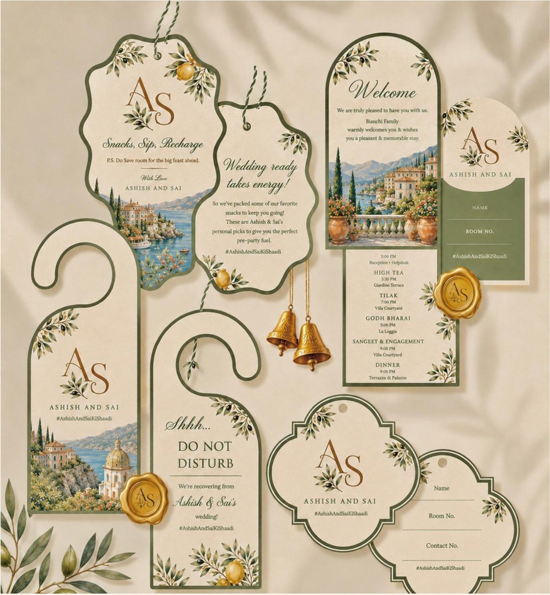 A wedding welcome kit, every piece in the same olive and gold