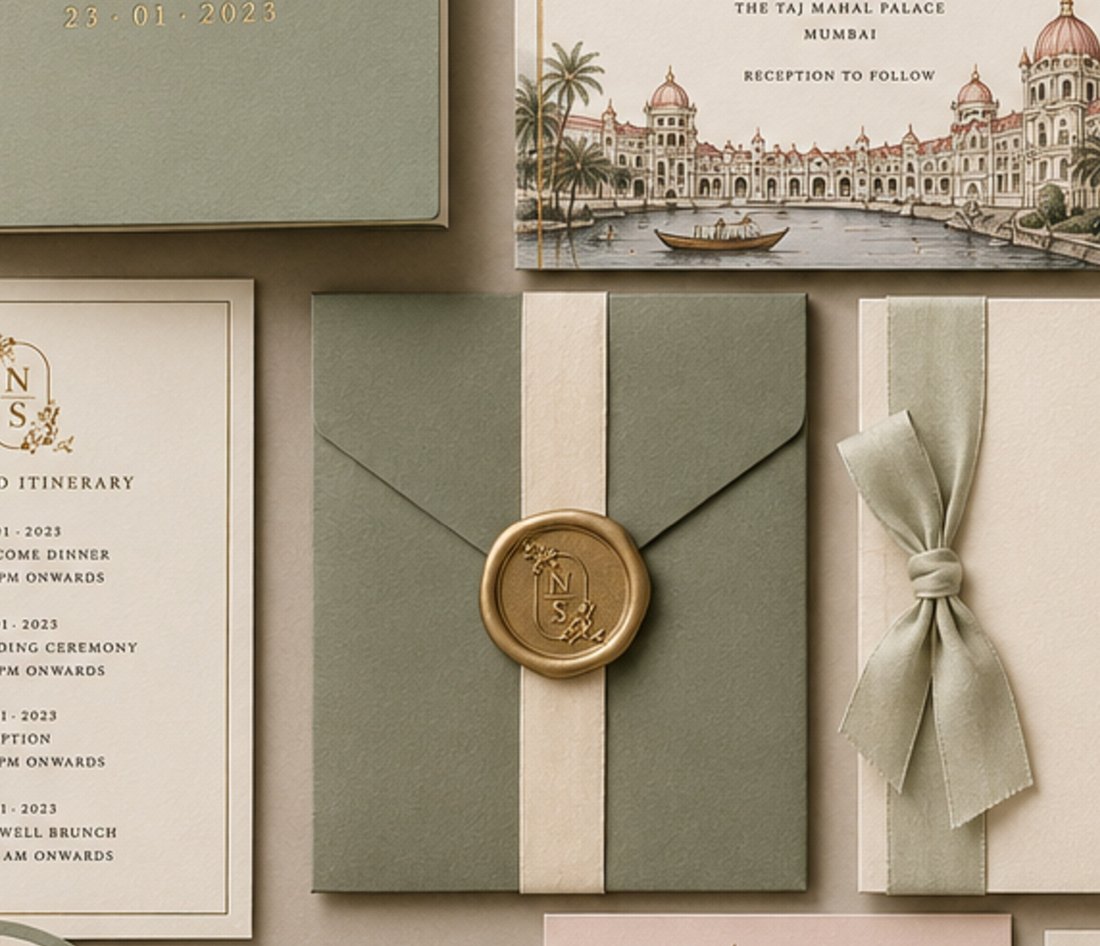 A gold wax seal and ribbon beside a drawn card of the Taj Mahal Palace