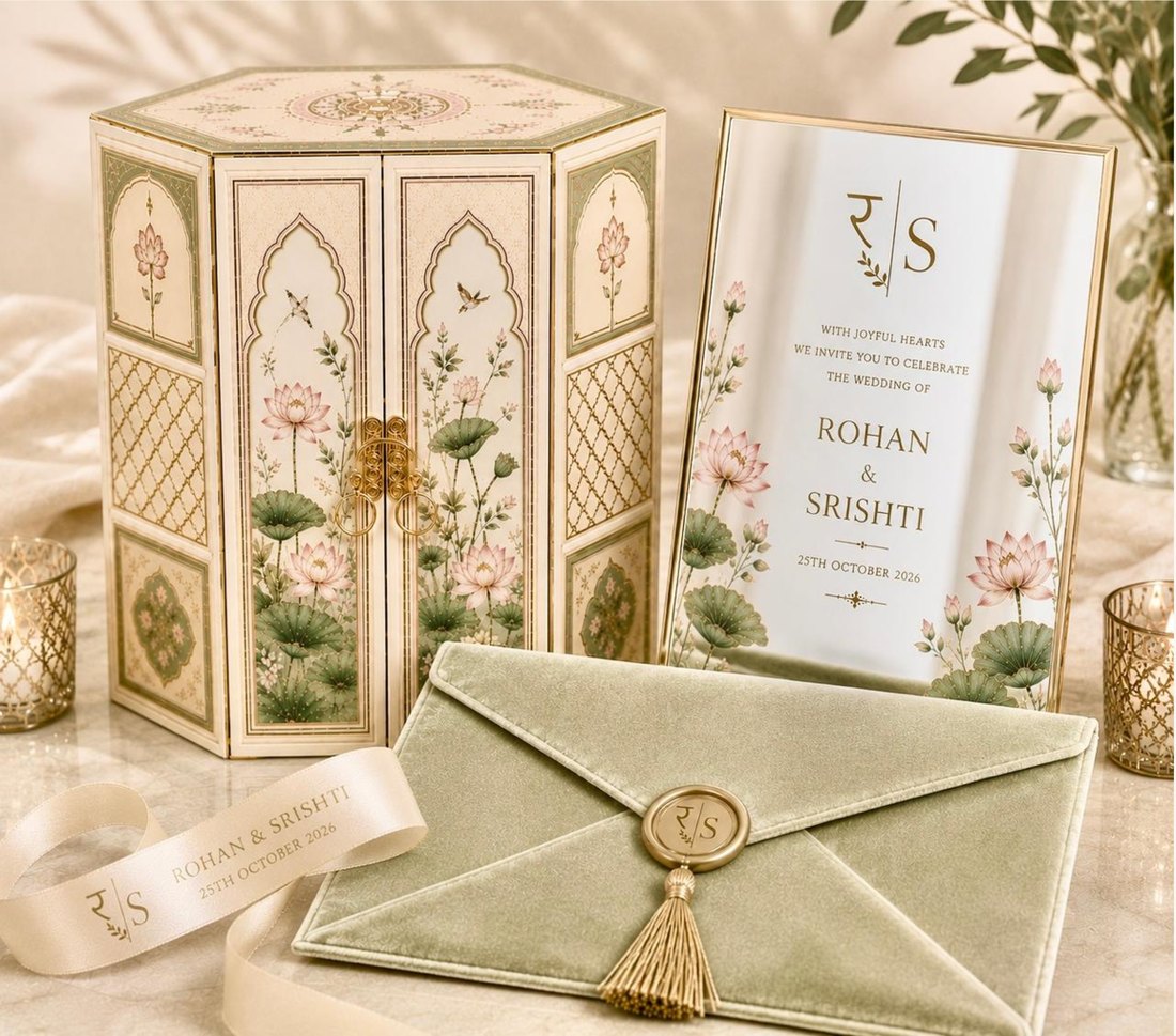 A folding screen invitation beside a velvet envelope with a wax seal