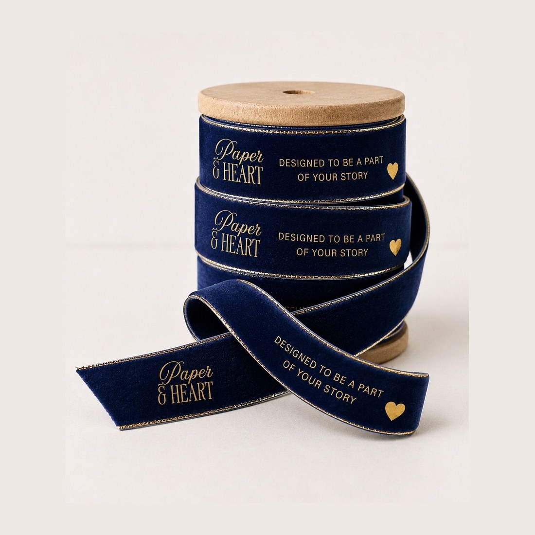 A spool of navy ribbon printed in gold with the studio name